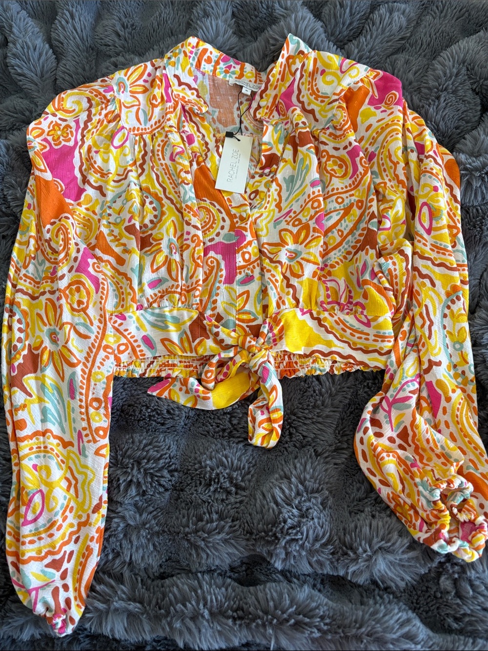 Rachel Zoe Bright Paisley Tie-Front Crop Top in Yellow & Pink
